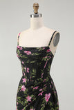 Black Pink Corset Floral Chiffon Long Bridesmaid Dress with Side Cape