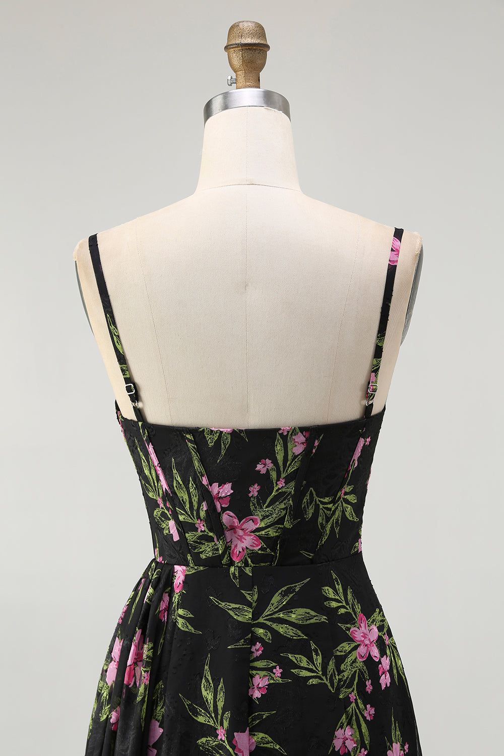 Black Pink Corset Floral Chiffon Long Bridesmaid Dress with Side Cape