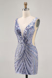 Sparkly Lilac V-Neck Tight Short Beaded Homecoming Dress