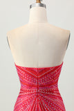 Sparkly Red Tight Beaded Short Homecoming Dress with Slit