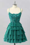 Sparkly Dark Green Corset Tiered Short Homecoming Dress with Beading