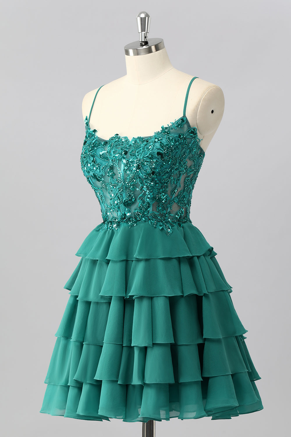 Sparkly Dark Green Corset Tiered Short Homecoming Dress with Beading
