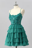 Sparkly Dark Green Corset Tiered Short Homecoming Dress with Beading