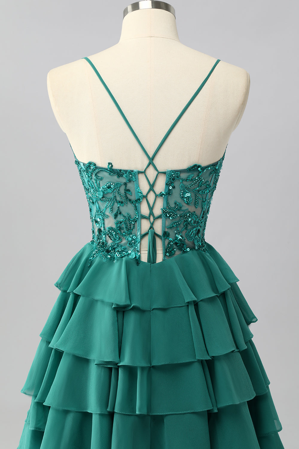 Sparkly Dark Green Corset Tiered Short Homecoming Dress with Beading