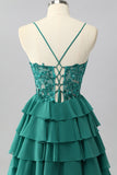 Sparkly Dark Green Corset Tiered Short Homecoming Dress with Beading