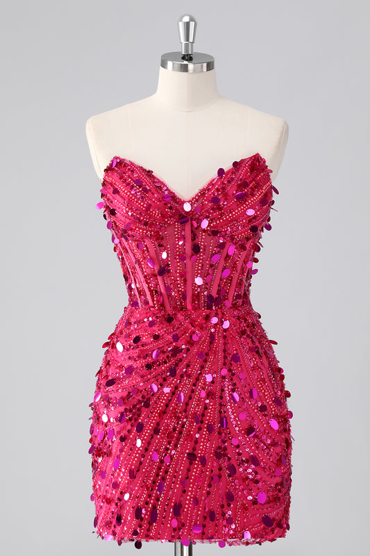Sparkly Fuchsia Strapless Corset Sequins Short Homecoming Dress