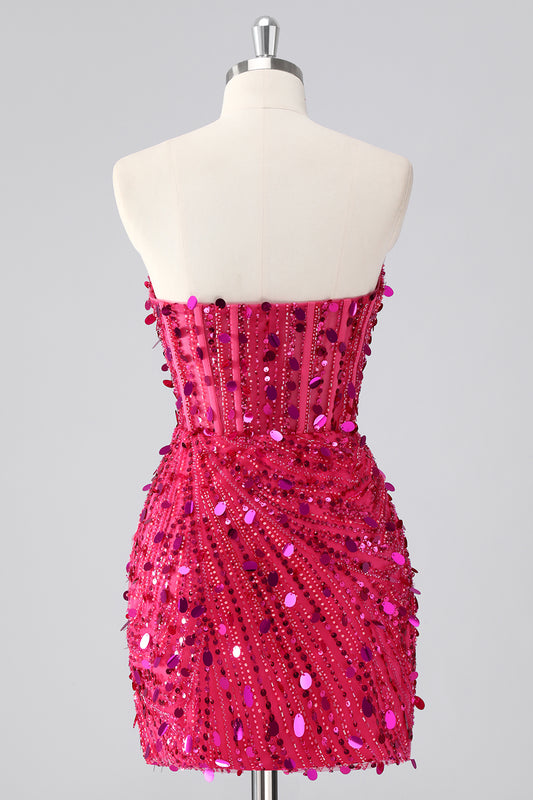 Sparkly Fuchsia Strapless Corset Sequins Short Homecoming Dress