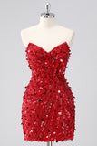 Sparkly Red Corset Sequins Strapless Short Homecoming Dress