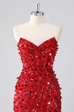 Sparkly Red Corset Sequins Strapless Short Homecoming Dress