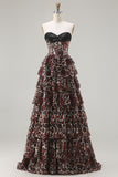 Brown Leopard A Line Tiered Sweetheart Long Corset Prom Dress