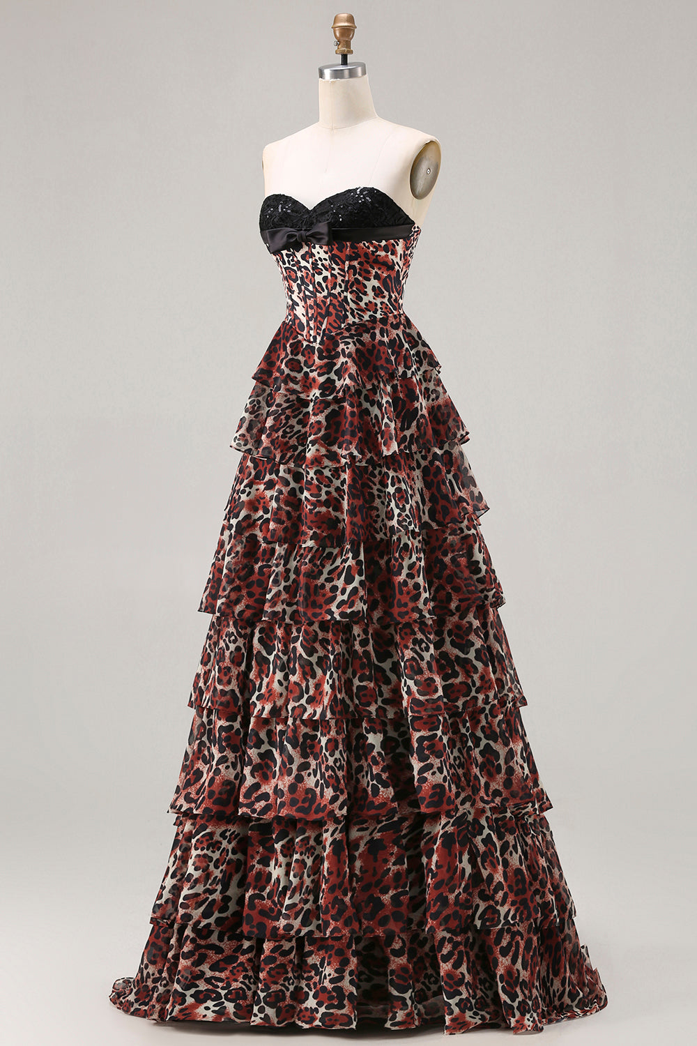 Brown Leopard A Line Tiered Sweetheart Long Corset Prom Dress