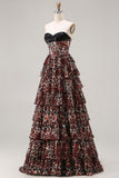 Brown Leopard A Line Tiered Sweetheart Long Corset Prom Dress