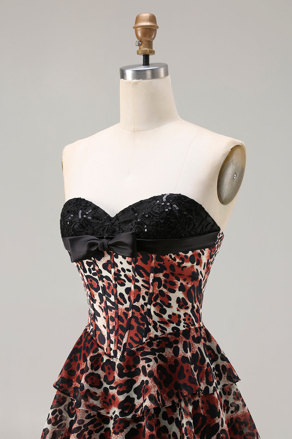 Brown Leopard A Line Tiered Sweetheart Long Corset Prom Dress
