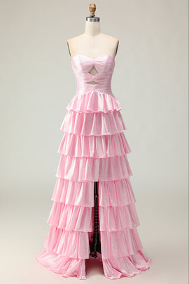 Sparkly Pink Ruffled Strapless Long Prom Dress with Keyhole