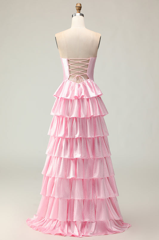 Sparkly Pink Ruffled Strapless Long Prom Dress with Keyhole