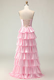 Sparkly Pink Ruffled Strapless Long Prom Dress with Keyhole