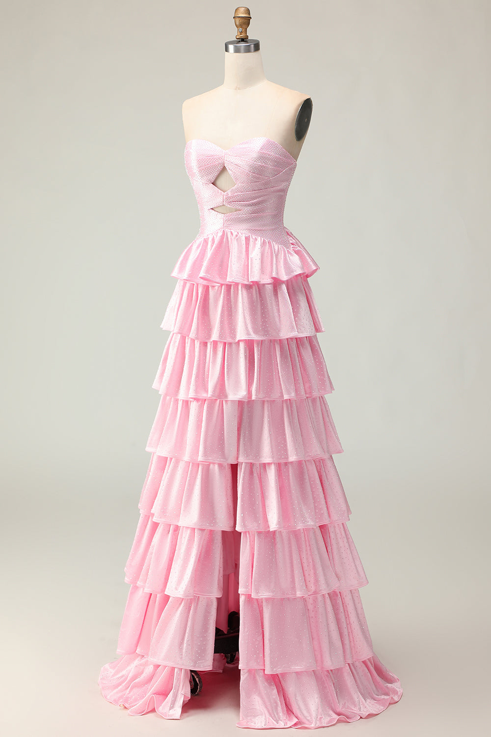 Sparkly Pink Ruffled Strapless Long Prom Dress with Keyhole