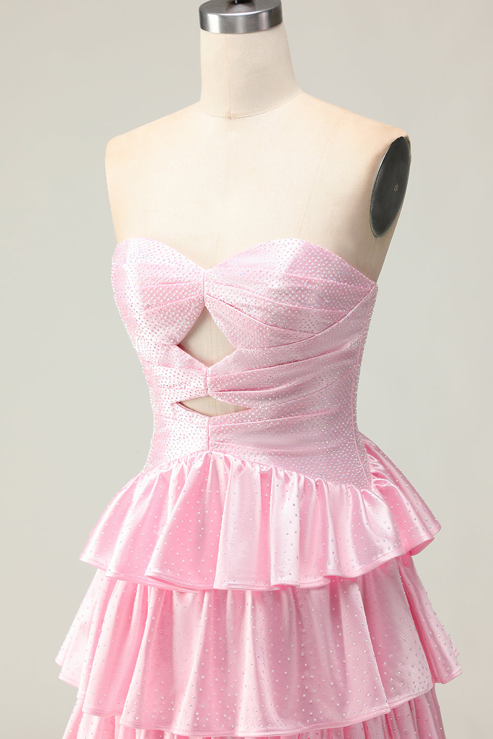 Sparkly Pink Ruffled Strapless Long Prom Dress with Keyhole