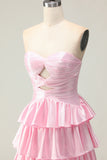 Sparkly Pink Ruffled Strapless Long Prom Dress with Keyhole