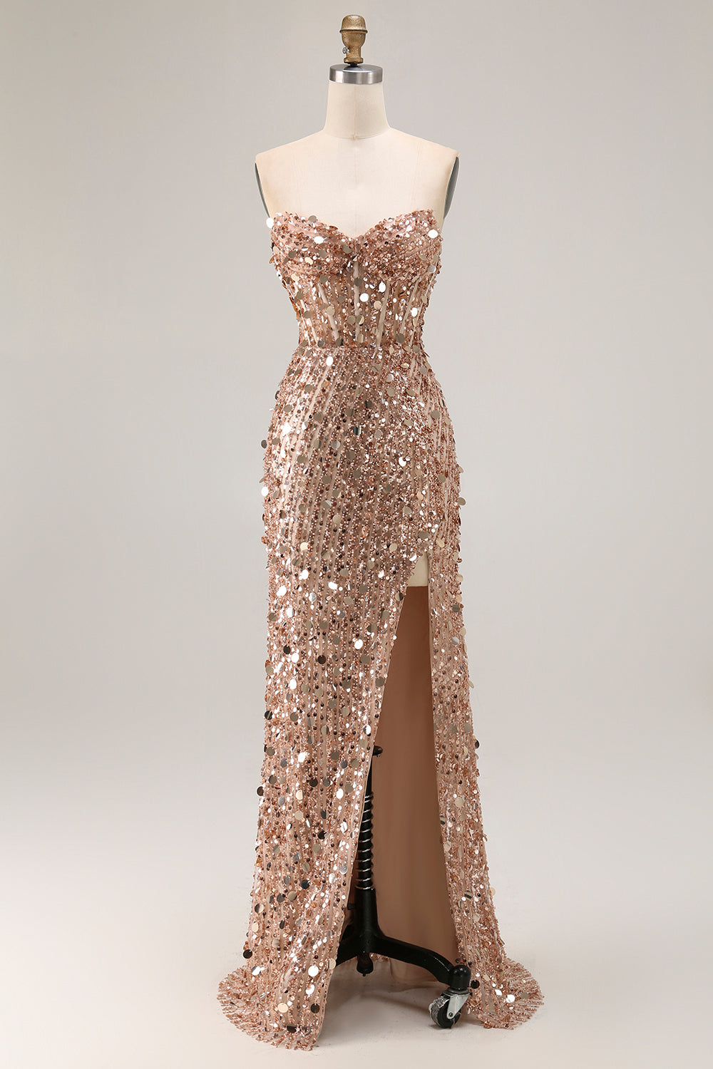 Zapakasa Women Sparkly Golden Mermaid Long Corset Prom Dress with Slit