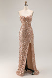 Sparkly Silver Sequin Mermaid Long Corset Prom Dress with Slit