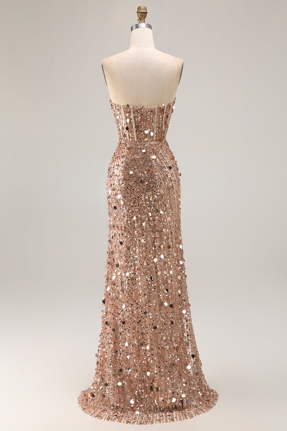 Sparkly Champagne Corset Beaded Long Prom Dress with Slit