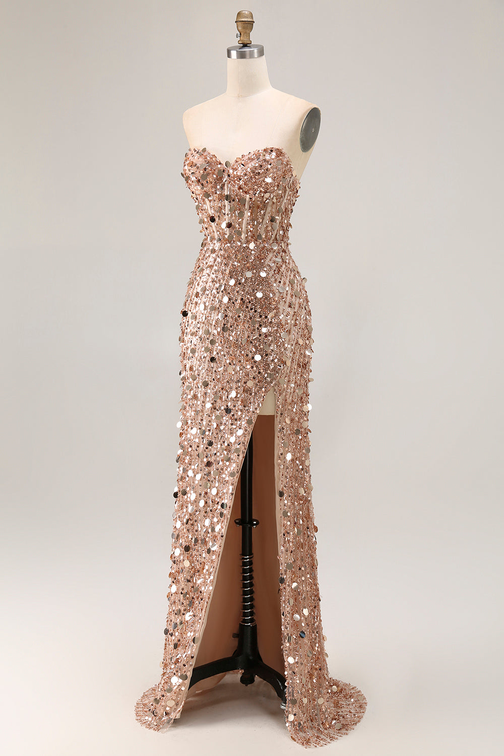 Sparkly Champagne Corset Beaded Long Prom Dress with Slit
