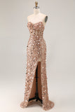 Sparkly Champagne Corset Beaded Long Prom Dress with Slit
