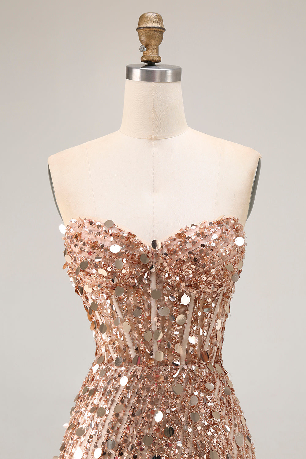 Sparkly Champagne Corset Beaded Long Prom Dress with Slit