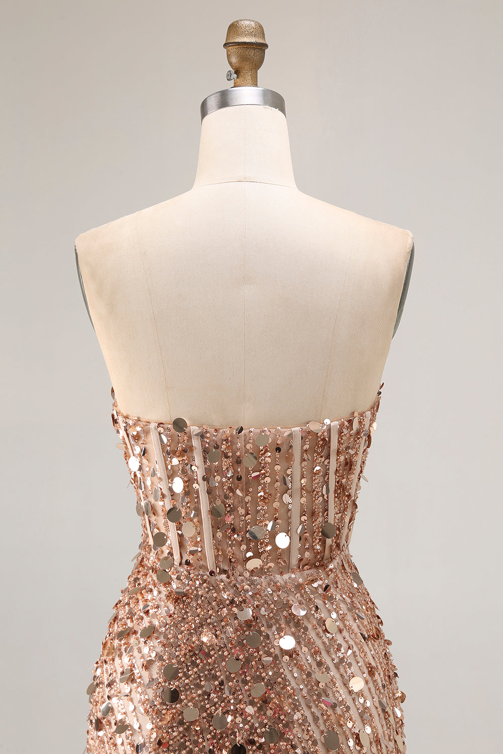 Sparkly Champagne Corset Beaded Long Prom Dress with Slit