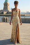 Sparkly Golden Beaded Mermaid Long Corset Prom Dress with Slit