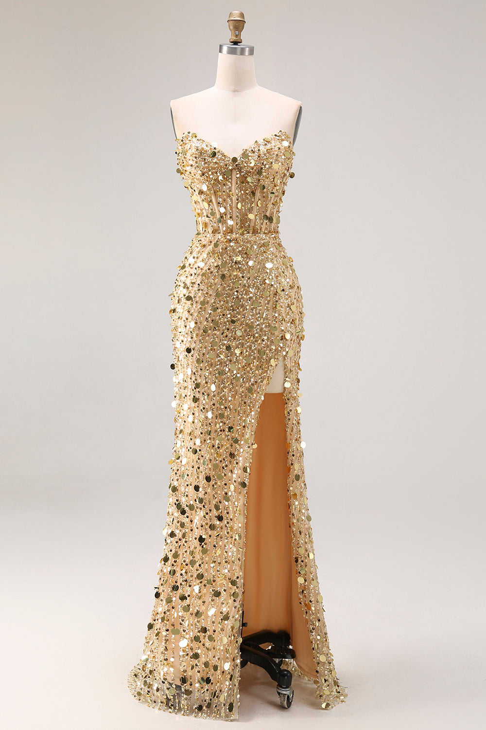 Zapakasa Women Sparkly Golden Beaded Long Corset Prom Dress with Slit Strapless Mermaid Beaded Sequin Gala Dress Zapakasa Women Sparkly Golden Beaded Long Corset Prom Dress with Slit Strapless Mermaid Beaded Sequin Gala Dress