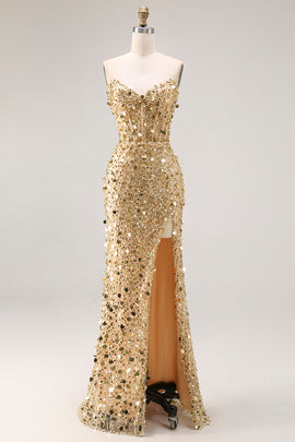 Sparkly Golden Beaded Mermaid Long Corset Prom Dress with Slit