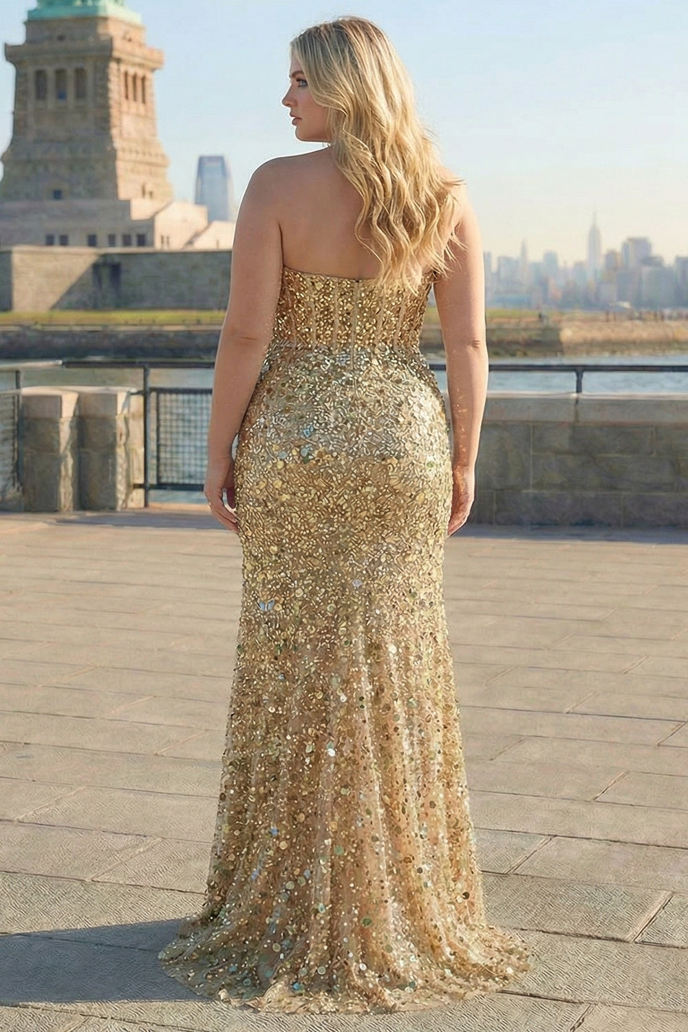 Plus Size Sparkly Golden Mermaid Beaded Long Corset Prom Dress with Slit