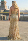 Plus Size Sparkly Golden Mermaid Beaded Long Corset Prom Dress with Slit