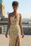 Sparkly Golden Mermaid Strapless Beaded Long Corset Prom Dress with Slit