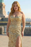 Plus Size Sparkly Golden Mermaid Beaded Long Corset Prom Dress with Slit