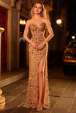Sparkly Golden Beaded Sequins Long Corset Prom Dress with Slit