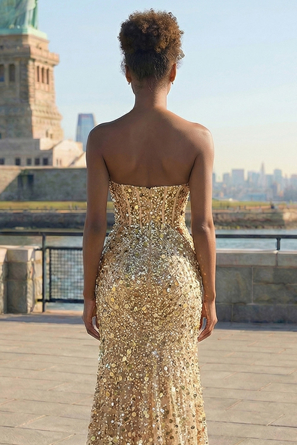 Zapakasa Women Sparkly Golden Beaded Long Corset Prom Dress with Slit Strapless Mermaid Beaded Sequin Gala Dress Zapakasa Women Sparkly Golden Beaded Long Corset Prom Dress with Slit Strapless Mermaid Beaded Sequin Gala Dress