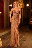 Sparkly Golden Beaded Sequins Long Corset Prom Dress with Slit