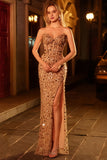 Sparkly Golden Beaded Sequins Long Corset Prom Dress with Slit