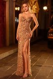Sparkly Golden Beaded Sequins Long Corset Prom Dress with Slit