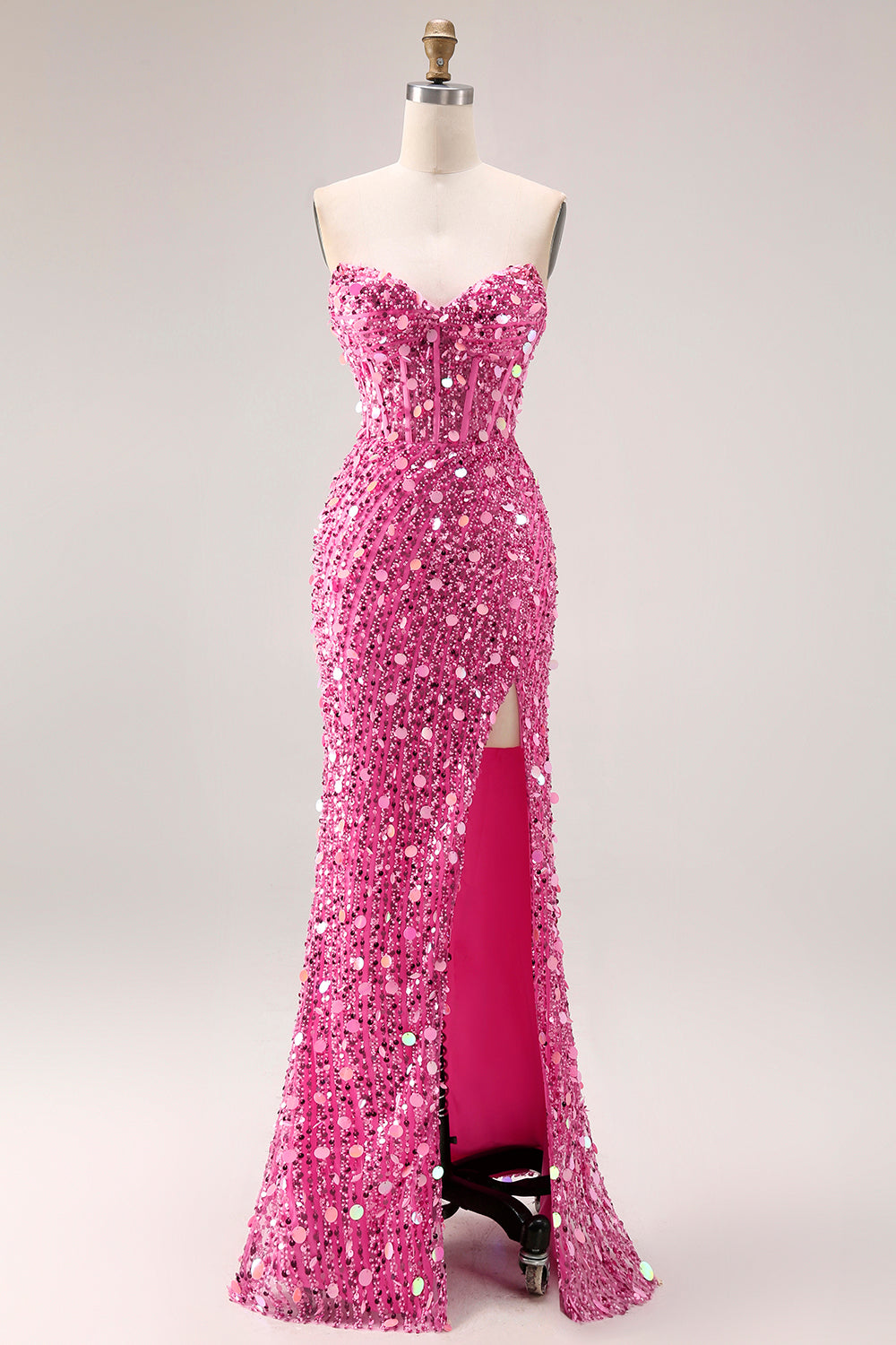 Sparkly Pink Mermaid Beaded Long Corset Prom Dress with Slit