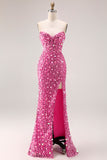 Sparkly Pink Mermaid Beaded Long Corset Prom Dress with Slit