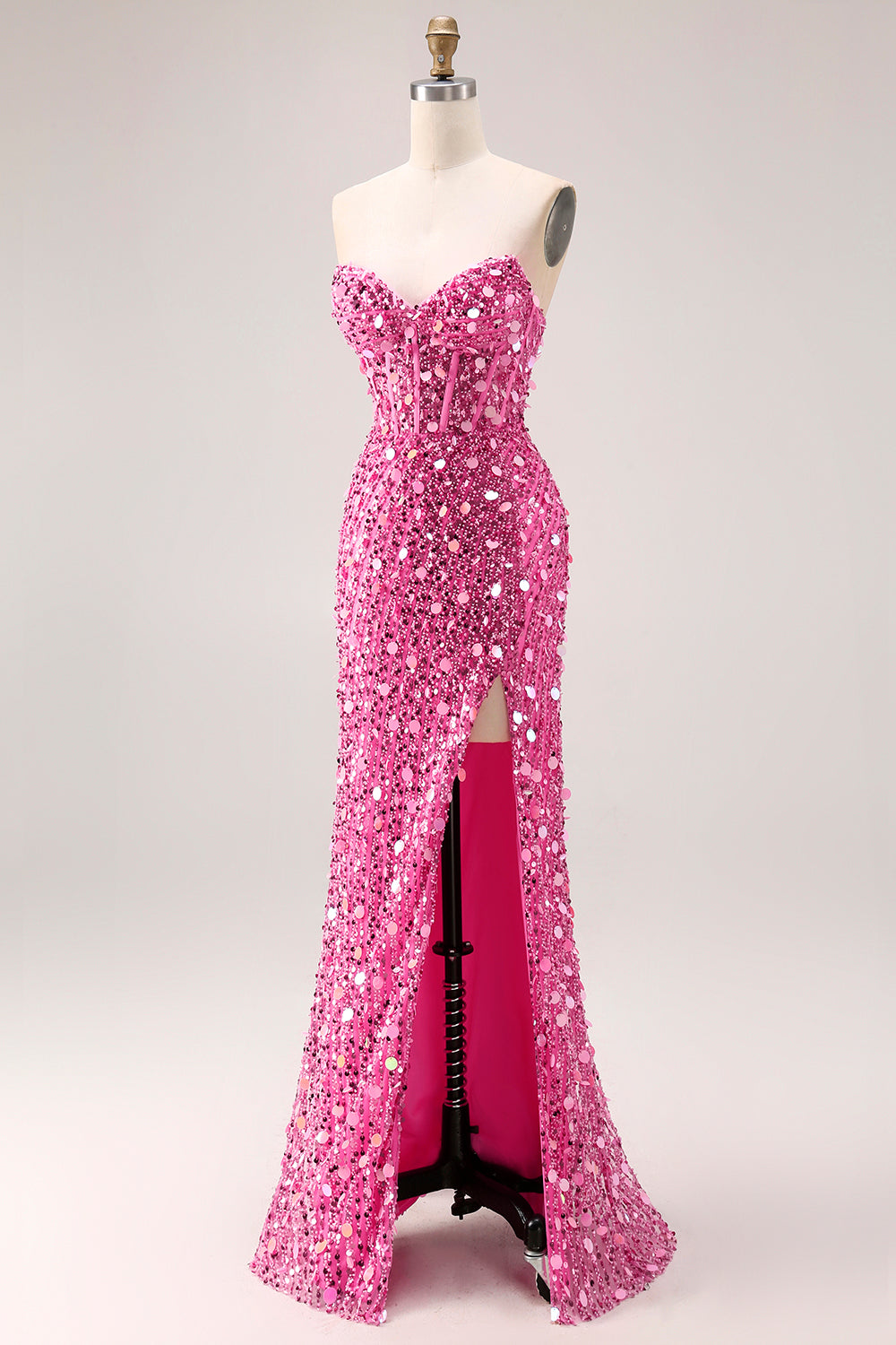 Sparkly Pink Mermaid Beaded Long Corset Prom Dress with Slit