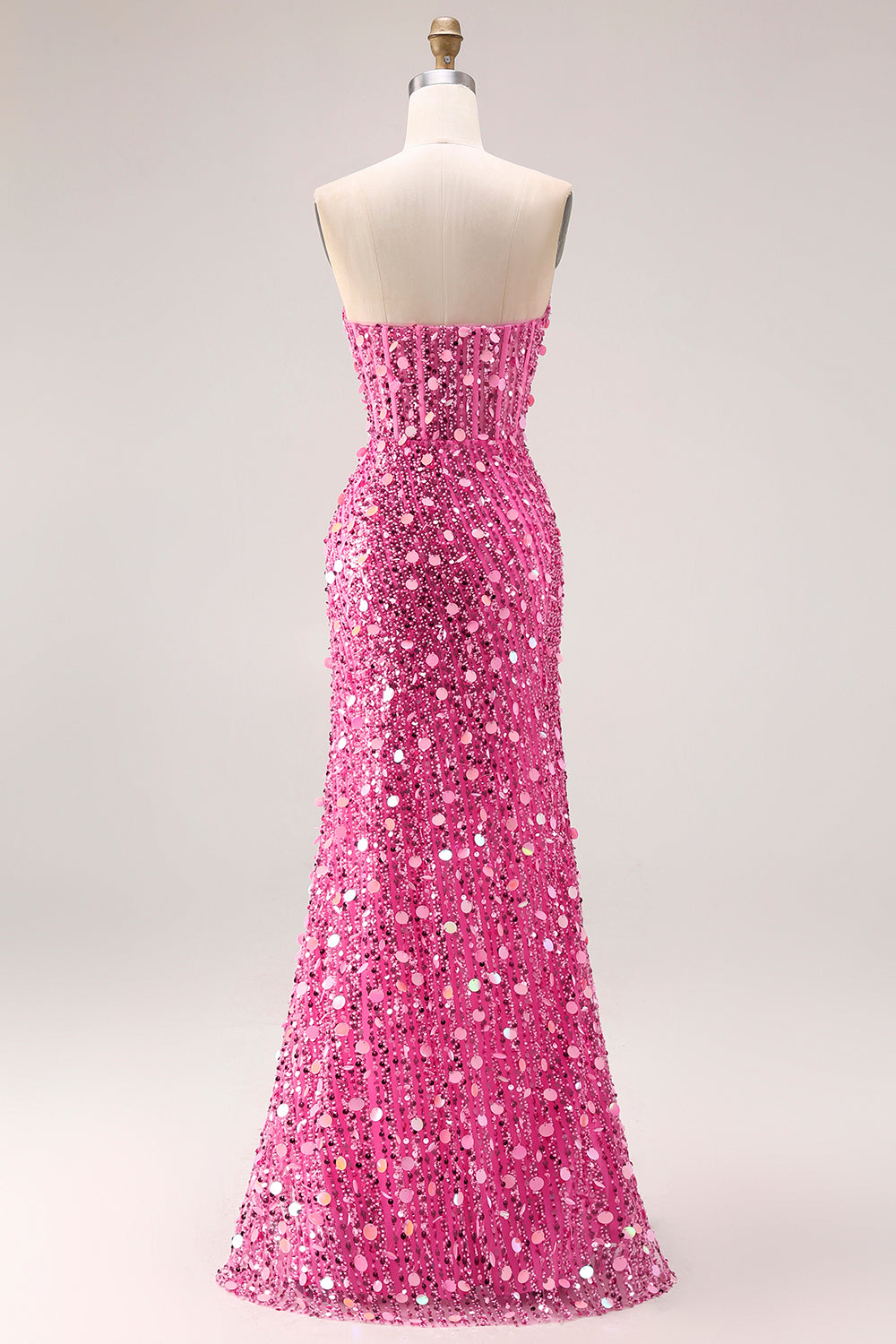 Sparkly Pink Mermaid Beaded Long Corset Prom Dress with Slit