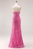 Sparkly Pink Mermaid Beaded Long Corset Prom Dress with Slit