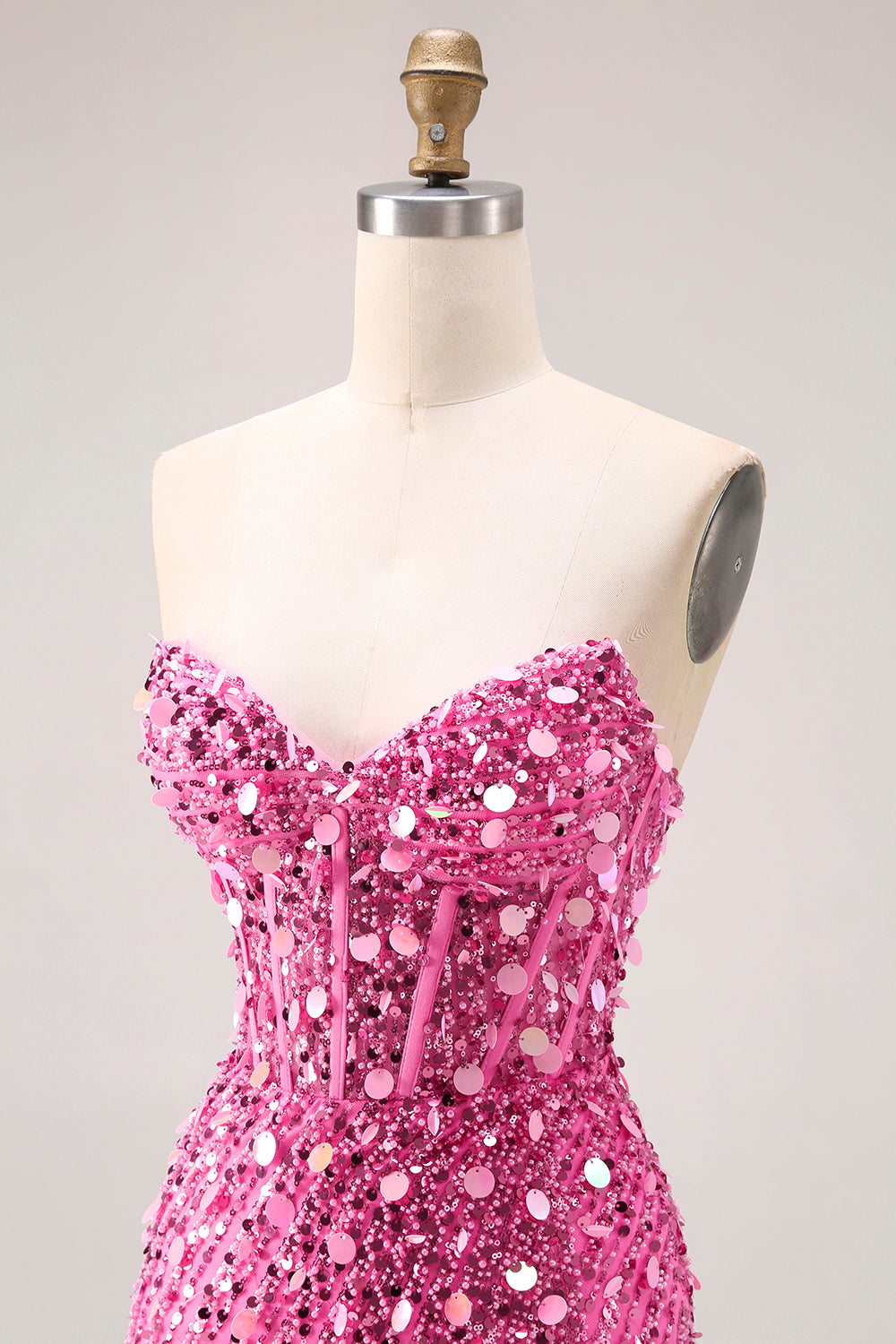 Sparkly Pink Mermaid Beaded Long Corset Prom Dress with Slit