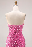 Sparkly Pink Mermaid Beaded Long Corset Prom Dress with Slit
