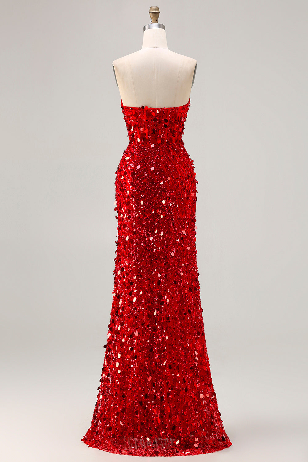 Sparkly Red Beaded Mermaid Long Corset Prom Dress with Slit